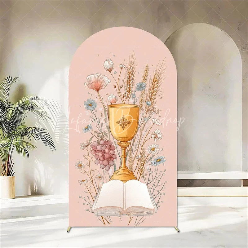 Lofaris First Holy Communion Arch Backdrop Religious Stained Glass Golden Chalice and Grapes Party Decor