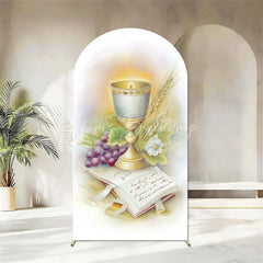 Lofaris First Holy Communion Arch Backdrop Religious Stained Glass Golden Chalice and Grapes Party Decor