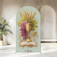 Lofaris First Holy Communion Arch Backdrop Religious Stained Glass Golden Chalice and Grapes Party Decor