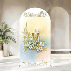 Lofaris First Holy Communion Arch Backdrop Religious Stained Glass Golden Chalice and Grapes Party Decor