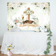 Lofaris First Holy Communion Photography Backdrop White Floral Cross and Greenery God Bless Baptism Photo Prop Decor