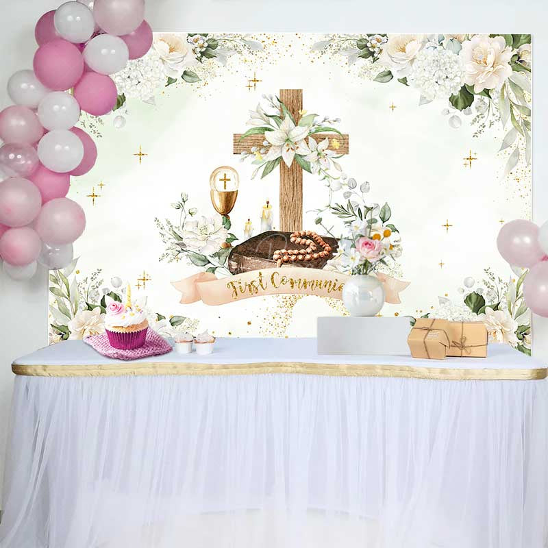 Lofaris First Holy Communion Photography Backdrop White Floral Cross and Greenery God Bless Baptism Photo Prop Decor