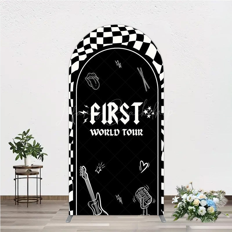 Lofaris First World Tour Rock Star Birthday Arch Backdrop Black and White Checkered Music Theme Band Photo Booth Decor