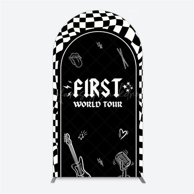 Lofaris First World Tour Rock Star Birthday Arch Backdrop Black and White Checkered Music Theme Band Photo Booth Decor