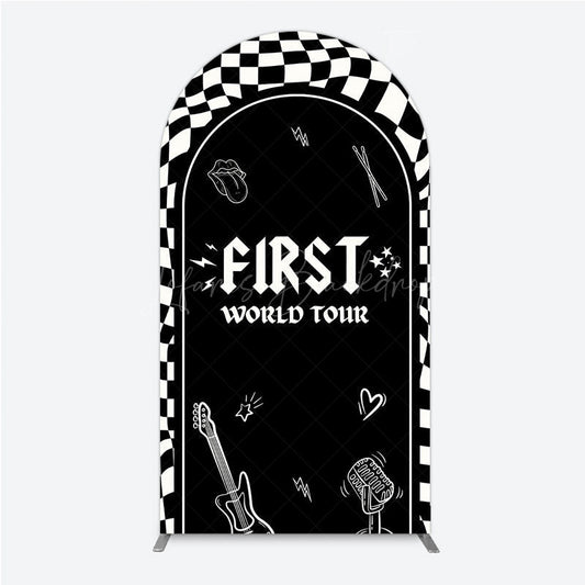 Lofaris First World Tour Rock Star Birthday Arch Backdrop Black and White Checkered Music Theme Band Photo Booth Decor