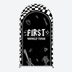 Lofaris First World Tour Rock Star Birthday Arch Backdrop Black and White Checkered Music Theme Band Photo Booth Decor