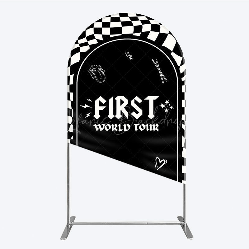 Lofaris First World Tour Rock Star Birthday Arch Backdrop Black and White Checkered Music Theme Band Photo Booth Decor
