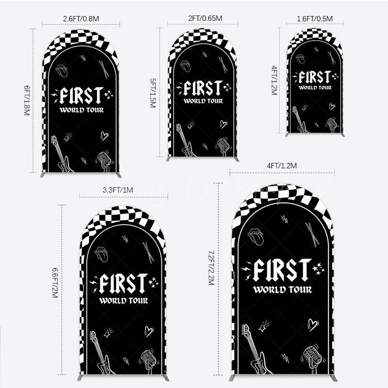 Lofaris First World Tour Rock Star Birthday Arch Backdrop Black and White Checkered Music Theme Band Photo Booth Decor