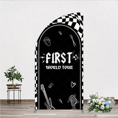 Lofaris First World Tour Rock Star Birthday Half Moon Arch Backdrop Black and White Checkered Music Theme Band Photo Booth Decor