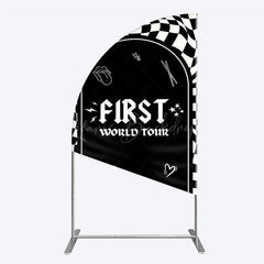 Lofaris First World Tour Rock Star Birthday Half Moon Arch Backdrop Black and White Checkered Music Theme Band Photo Booth Decor