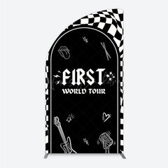 Lofaris First World Tour Rock Star Birthday Half Moon Arch Backdrop Black and White Checkered Music Theme Band Photo Booth Decor