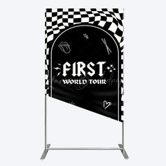 Lofaris First World Tour Rock Star Birthday Rectangle Backdrop Black and White Checkered Music Theme Band Photo Booth Decor