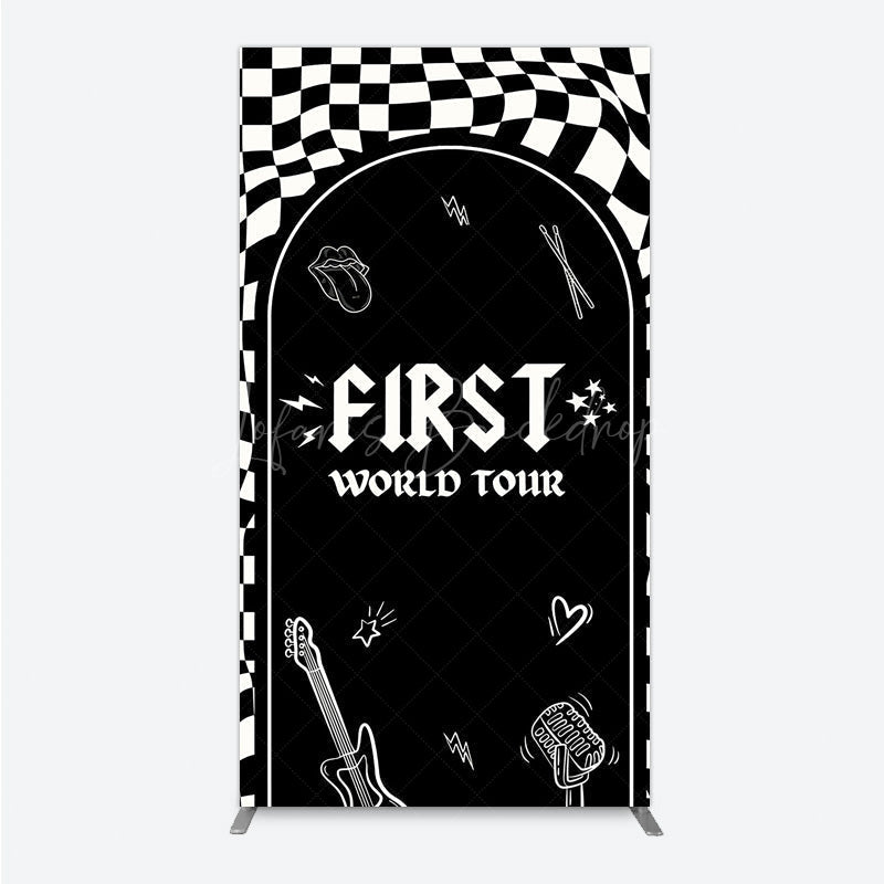 Lofaris First World Tour Rock Star Birthday Rectangle Backdrop Black and White Checkered Music Theme Band Photo Booth Decor