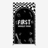 Lofaris First World Tour Rock Star Birthday Rectangle Backdrop Black and White Checkered Music Theme Band Photo Booth Decor