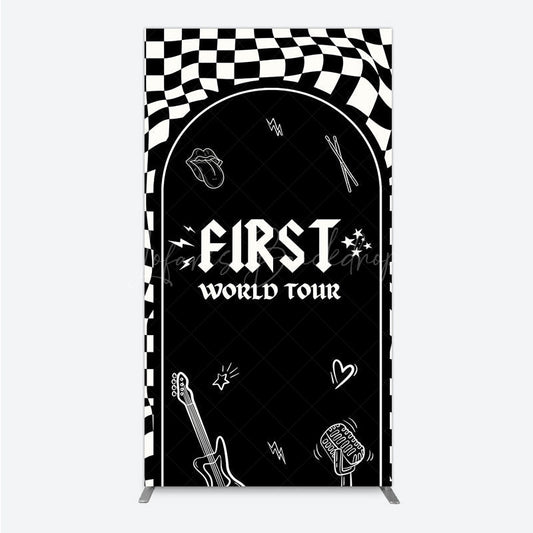 Lofaris First World Tour Rock Star Birthday Rectangle Backdrop Black and White Checkered Music Theme Band Photo Booth Decor