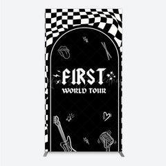 Lofaris First World Tour Rock Star Birthday Rectangle Backdrop Black and White Checkered Music Theme Band Photo Booth Decor