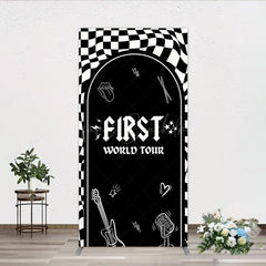 Lofaris First World Tour Rock Star Birthday Rectangle Backdrop Black and White Checkered Music Theme Band Photo Booth Decor