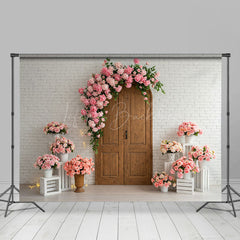 Lofaris Floral Arch Wooden Door White Brick Wedding Backdrop