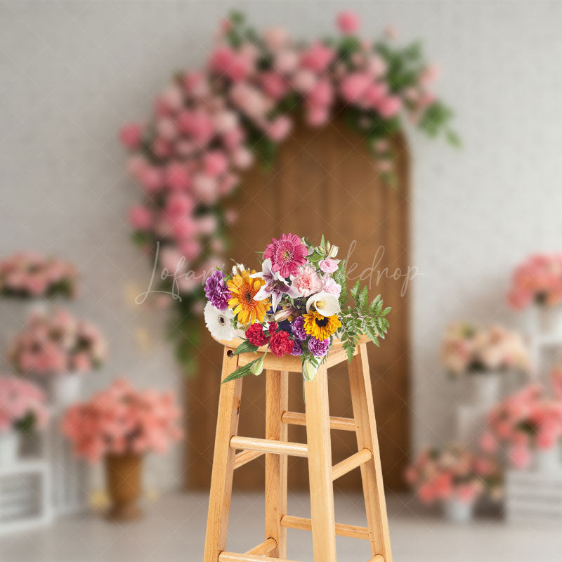 Lofaris Floral Arch Wooden Door White Brick Wedding Backdrop