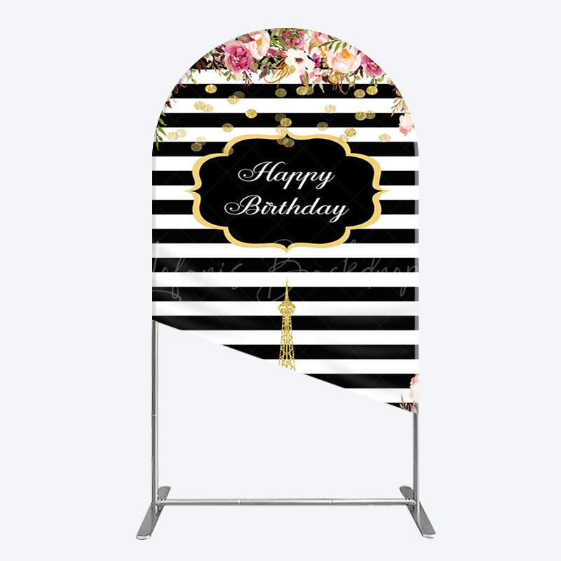 Lofaris Floral Black White Stripe Tower Birthday Arch Backdrop