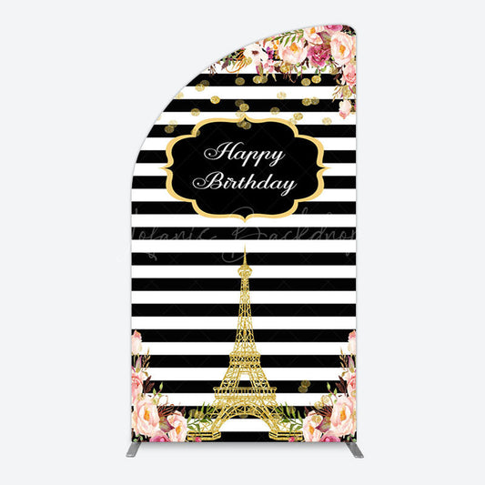 Lofaris Floral Black White Stripe Tower Birthday Half Moon Arch Backdrop