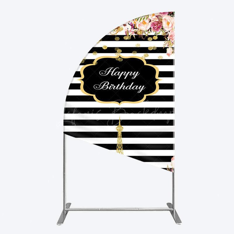 Lofaris Floral Black White Stripe Tower Birthday Half Moon Arch Backdrop