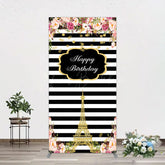 Lofaris Floral Black White Stripe Tower Birthday Rectangle Backdrop