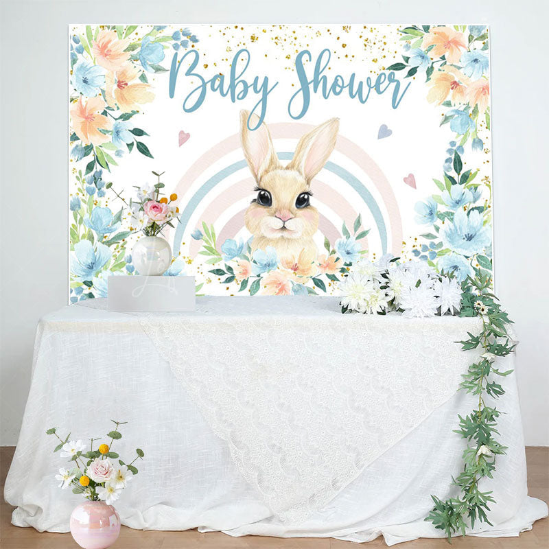 Lofaris Floral Blue Rainbow Bunny Heart Baby Shower Backdrop