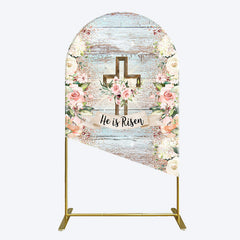 Lofaris Floral Blue Wooden He Is Risen Easter Arch Backdrop