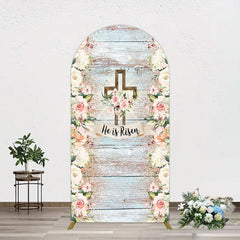 Lofaris Floral Blue Wooden He Is Risen Easter Arch Backdrop