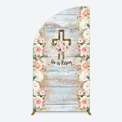 Lofaris Floral Blue Wooden He Is Risen Easter Half Moon Arch Backdrop