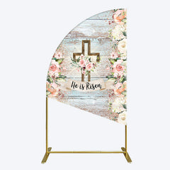 Lofaris Floral Blue Wooden He Is Risen Easter Half Moon Arch Backdrop