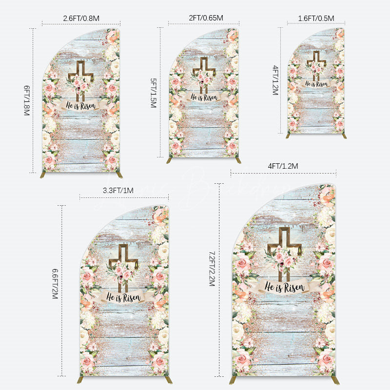 Lofaris Floral Blue Wooden He Is Risen Easter Half Moon Arch Backdrop