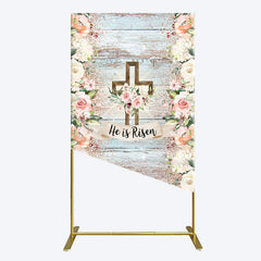 Lofaris Floral Blue Wooden He Is Risen Easter Rectangle Backdrop