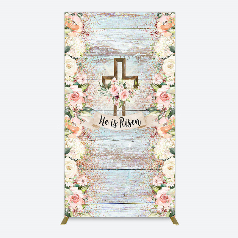 Lofaris Floral Blue Wooden He Is Risen Easter Rectangle Backdrop