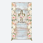Lofaris Floral Blue Wooden He Is Risen Easter Rectangle Backdrop