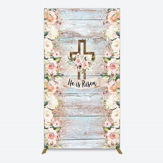 Lofaris Floral Blue Wooden He Is Risen Easter Rectangle Backdrop