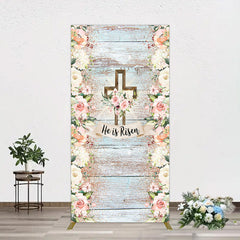 Lofaris Floral Blue Wooden He Is Risen Easter Rectangle Backdrop