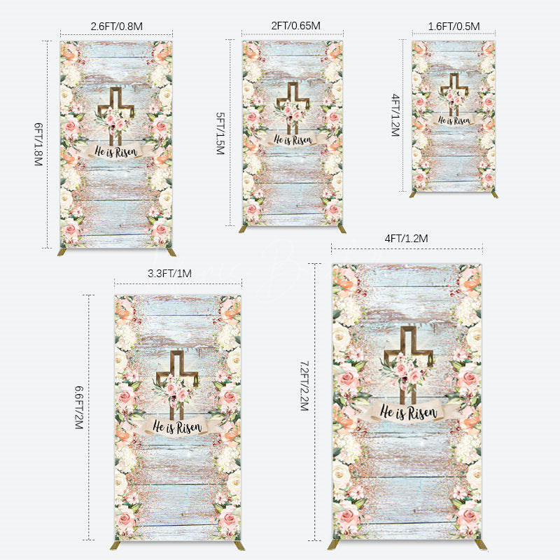 Lofaris Floral Blue Wooden He Is Risen Easter Rectangle Backdrop
