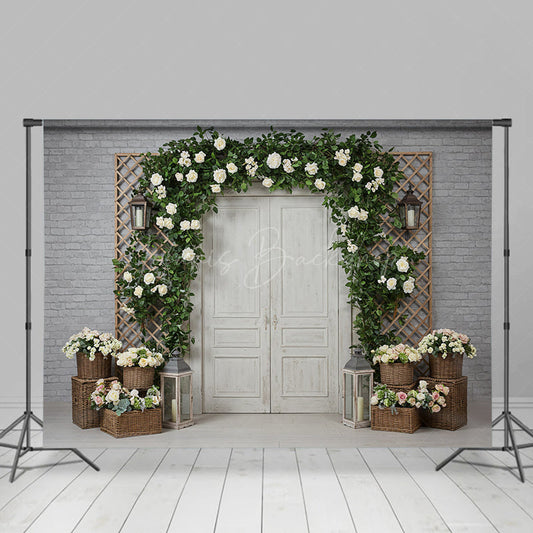 Lofaris Floral Boho Arch Door Grey Brick Wedding Backdrop