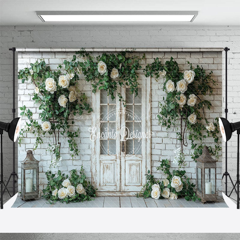 Lofaris Floral Brick Wall White Door Spring Photo Backdrop