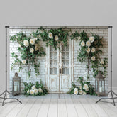 Lofaris Floral Brick Wall White Door Spring Photo Backdrop
