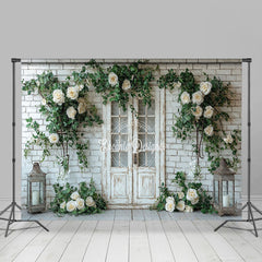 Lofaris Floral Brick Wall White Door Spring Photo Backdrop