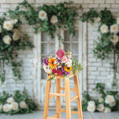 Lofaris Floral Brick Wall White Door Spring Photo Backdrop