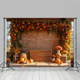 Lofaris Floral Bricks Room Pumpkins Autumn Vibe Photo Backdrop