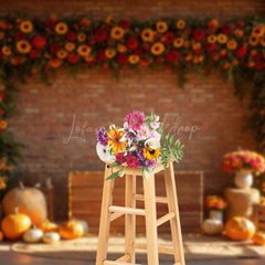 Lofaris Floral Bricks Room Pumpkins Autumn Vibe Photo Backdrop