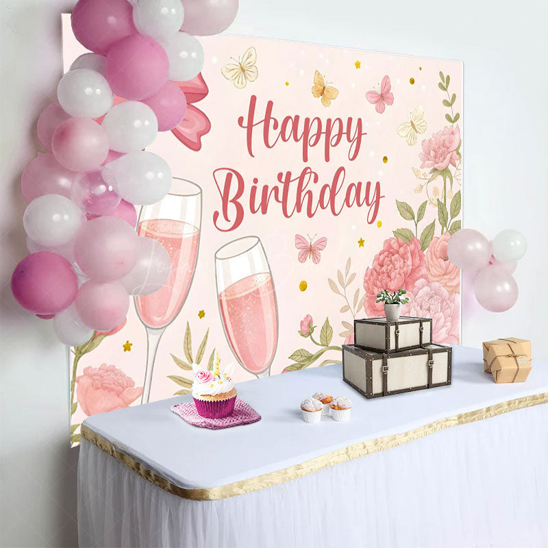 Lofaris Floral Butterfly Bow Cheers To Birthday Backdrop