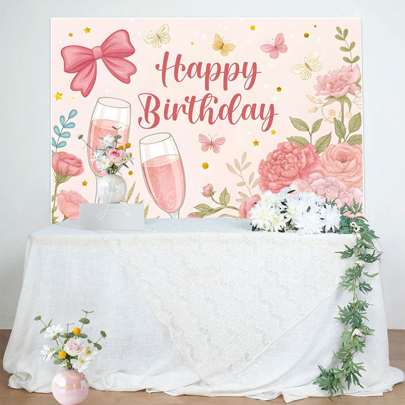 Lofaris Floral Butterfly Bow Cheers To Birthday Backdrop