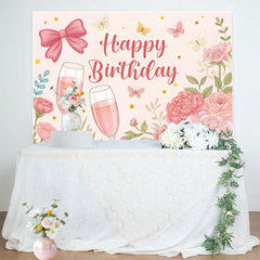 Lofaris Floral Butterfly Bow Cheers To Birthday Backdrop