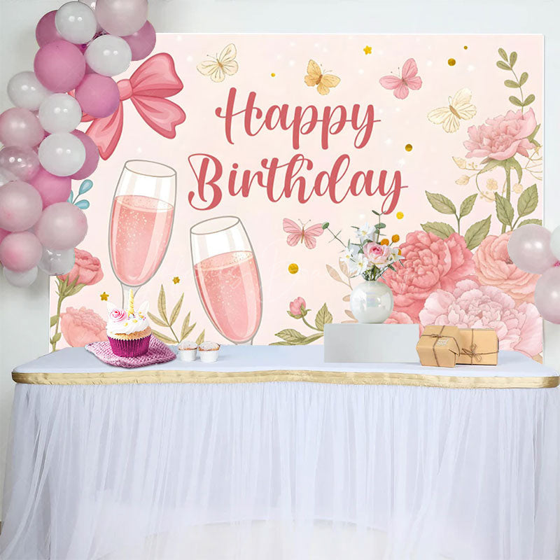 Lofaris Floral Butterfly Bow Cheers To Birthday Backdrop